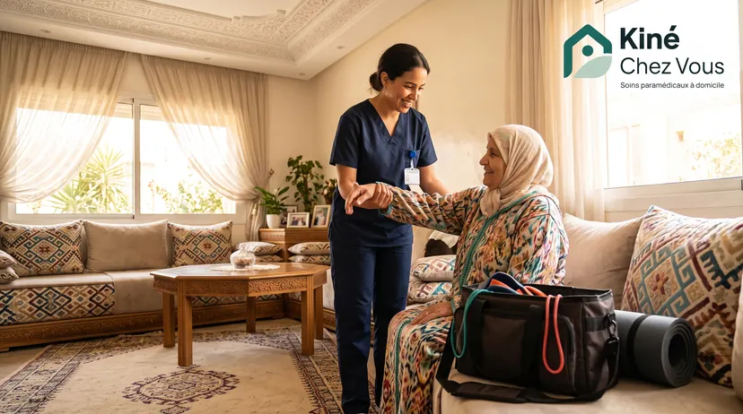 جلسة علاج طبيعي في المنزل: الأخصائية تتحدث مع سيدة مسنة في بيتها.